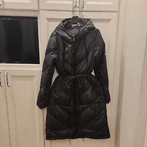 Women's DKNY Jeans Black Hooded Puffer Long Coat With Zip Up And Pockets